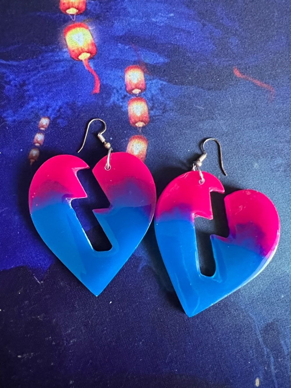 Bold Heart Resin Earrings in Pink and Blue